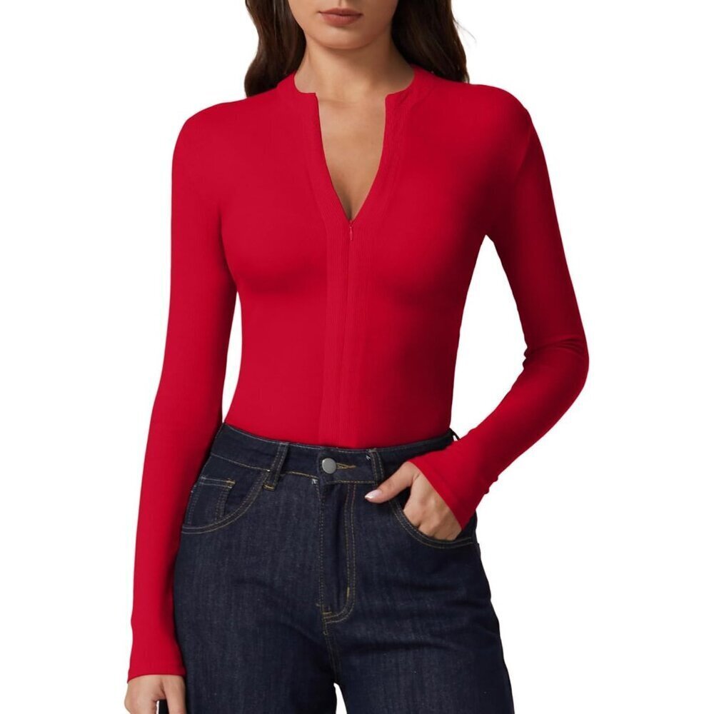 Long Sleeve Women’s Ribbed Knit Top V Neck Half Zipper Casual Work